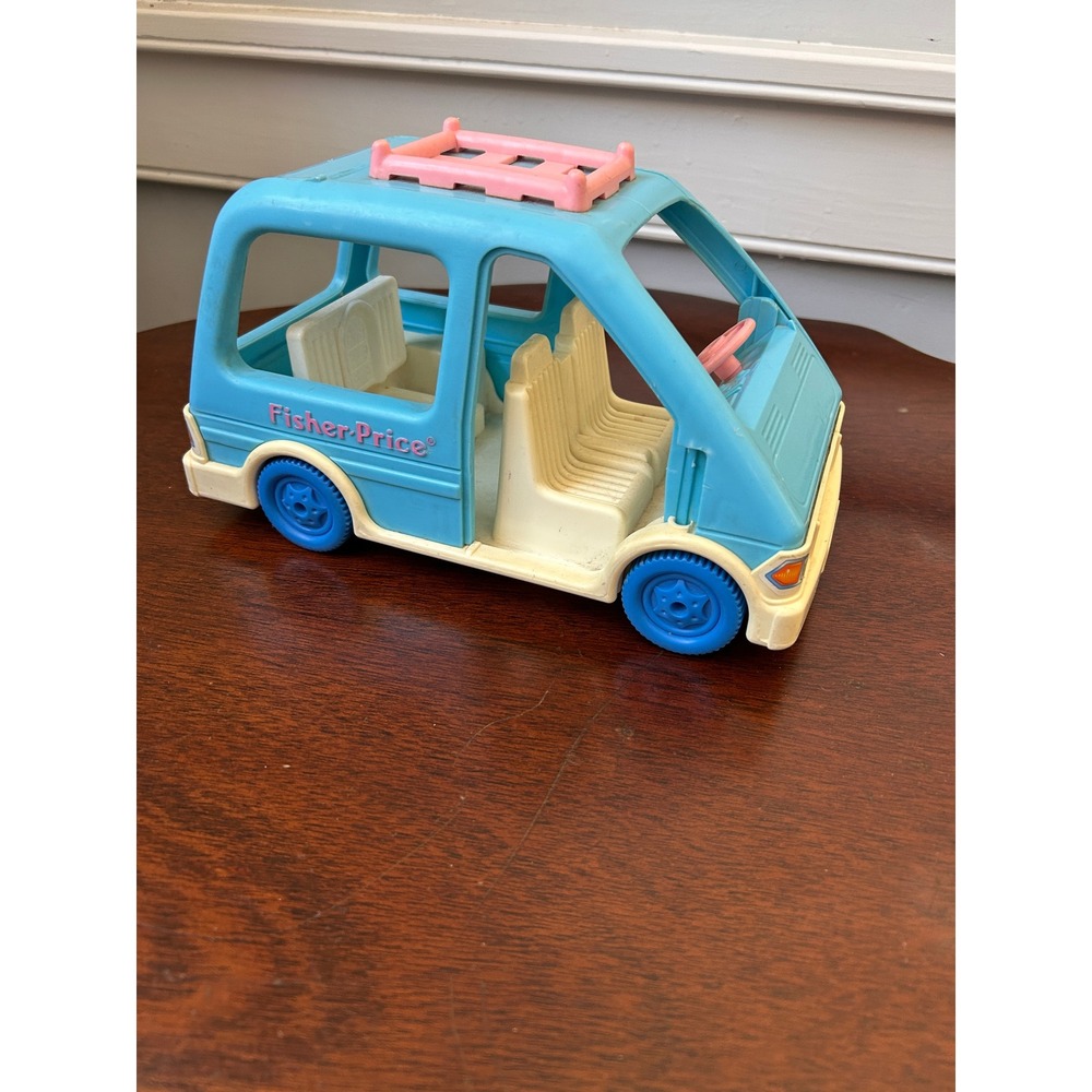 Vintage Fisher Price Loving Family Blue Minivan Toy Car Pink Roof Rack 1990s